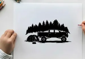 Silhouette of a car and tent in a forest