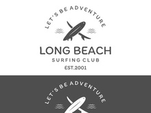 Vintage surfboard logo,surfing on summer beach.For business,badge,holiday, ,label,emblem.
