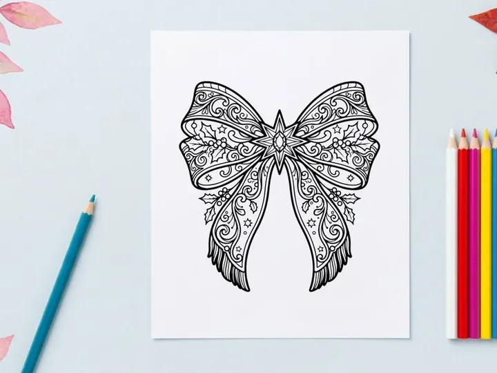 Christmas Bow Line Art Illustration, Decorative Holiday Ribbon Ornament for Coloring Page