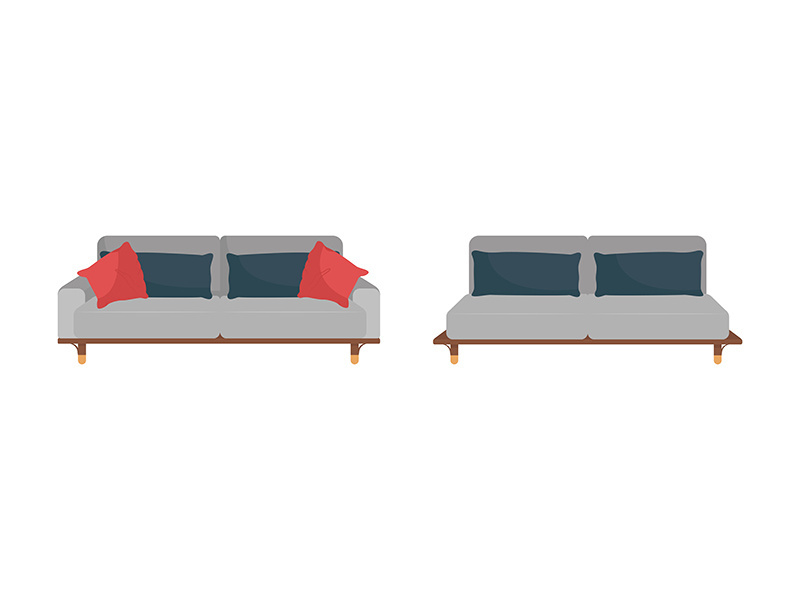 Grey sofa with black and red pillows flat color vector object set