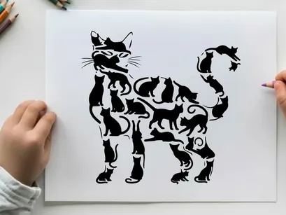 Silhouette of a cat with swirling patterns design