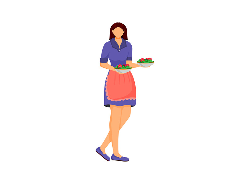 Waitress, female cook with dishes flat color vector faceless character