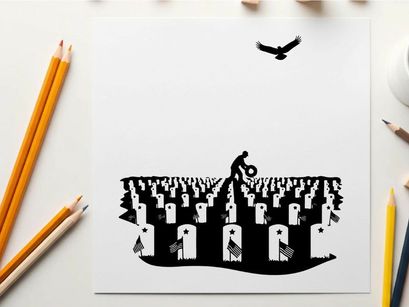 Silhouette of a person in a graveyard with a bird flying overhead silhouette