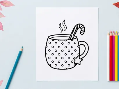 Steaming hot coffee mug with star and candy cane on Christmas morning celebration