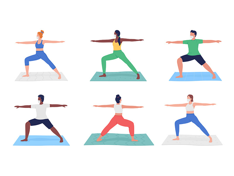 Yoga class during pandemic flat color vector faceless character set