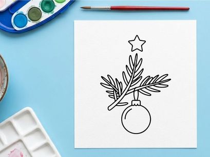 Rama de árbol de Navidad con adorno colgante e icono de estrella, ilustración minimalista de línea.