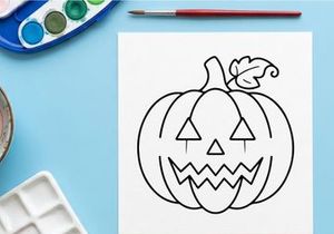 Halloween pumpkin jack-o-lantern line art. Spooky carved gourd drawing for holiday design.