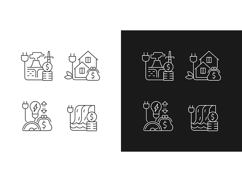 Electrical power cost linear icons set for dark and light mode