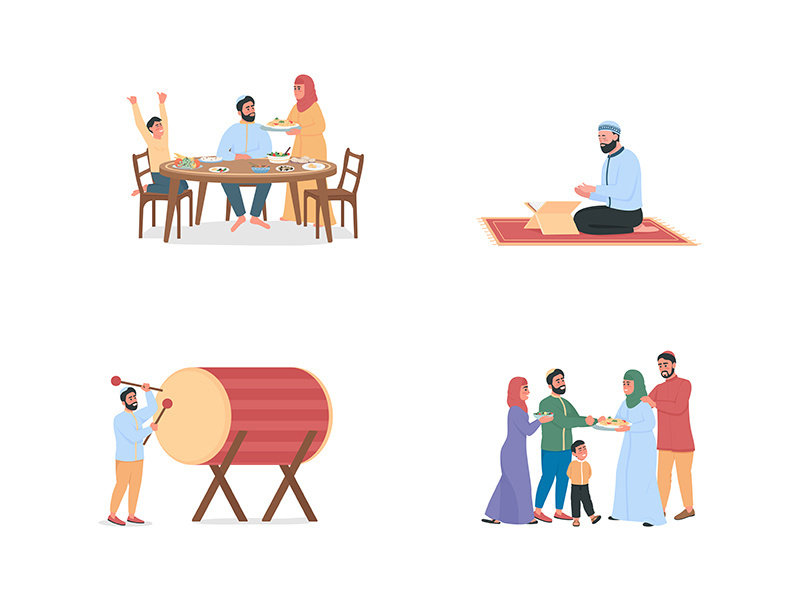 Happy arabian people on ramadan flat color vector faceless character
