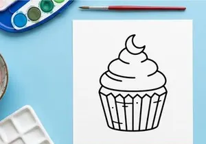 Hand-drawn cartoon cupcake with swirl frosting and crescent moon topping. Whimsical dessert illustration for baking, celebration, or sweet treat de...