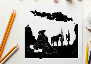 Cowboy silhouette sitting by campfire in desert landscape