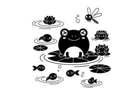 Silhouette of a frog surrounded by water life and lilies silhouette