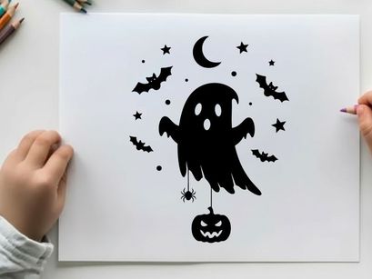 Halloween silhouette of a ghost with bats and pumpkin