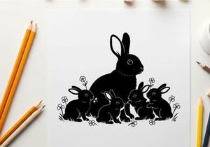 Silhouette of a mother rabbit and her adorable baby bunnies