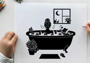 Silhouette of woman relaxing in a bubble bath at home