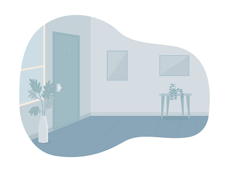 Empty room with closed door 2D vector isolated illustration