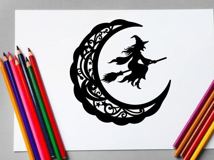 Silhouette of a Witch Flying on a Broomstick at Night with Crescent Moon