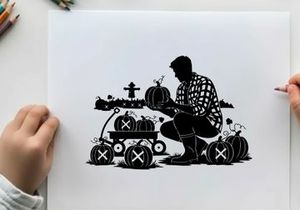 Silhouette of a man picking pumpkins in a patch at dusk