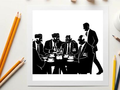 Silhouette of men in suits gathered around a table with cups and pictures