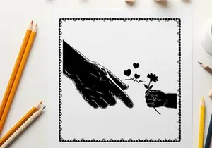 Silhouette of hands exchanging a flower with hearts