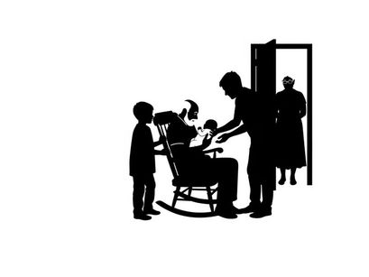 Silhouette of a family in a domestic scene with a barbers chair