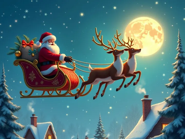 Santa in his sleigh soars over a snowy village