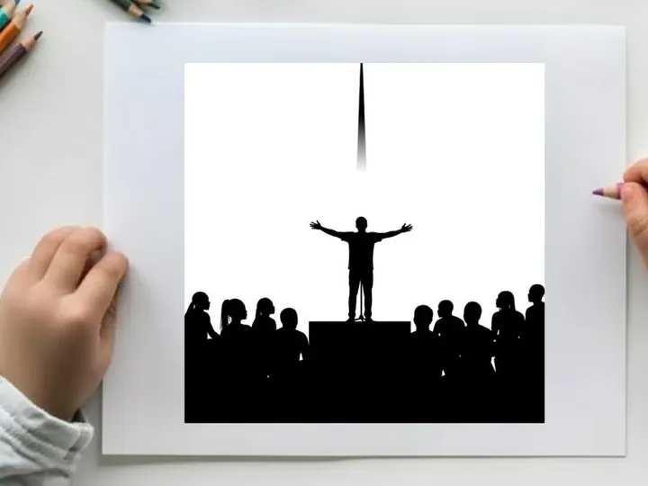 Silhouette of a man on stage with audience and spotlight