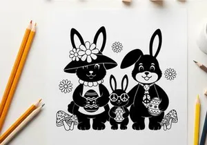 Silhouette of three adorable rabbits with floral accessories