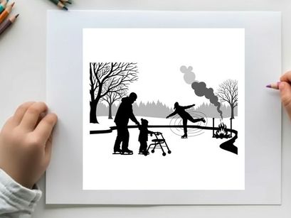 Silhouette of a man and child ice skating in a winter landscape