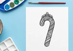 Hiasan permen tongkat Natal dengan pola seni garis zentangle bunga rumit