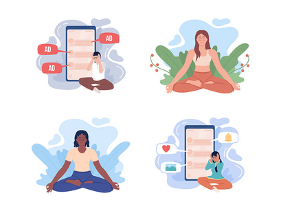 Mindfulness and internet addiction illustrations set