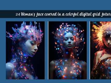 Womans face covered in a colorful digital grid futuristic preview picture