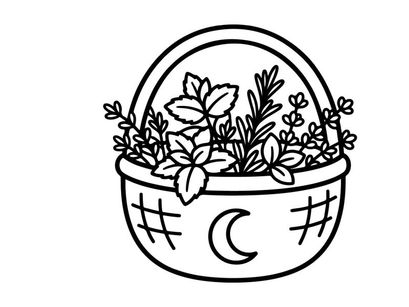 Witchcraft basket with herbs and moon symbol. Magical plant collection for occult rituals.
