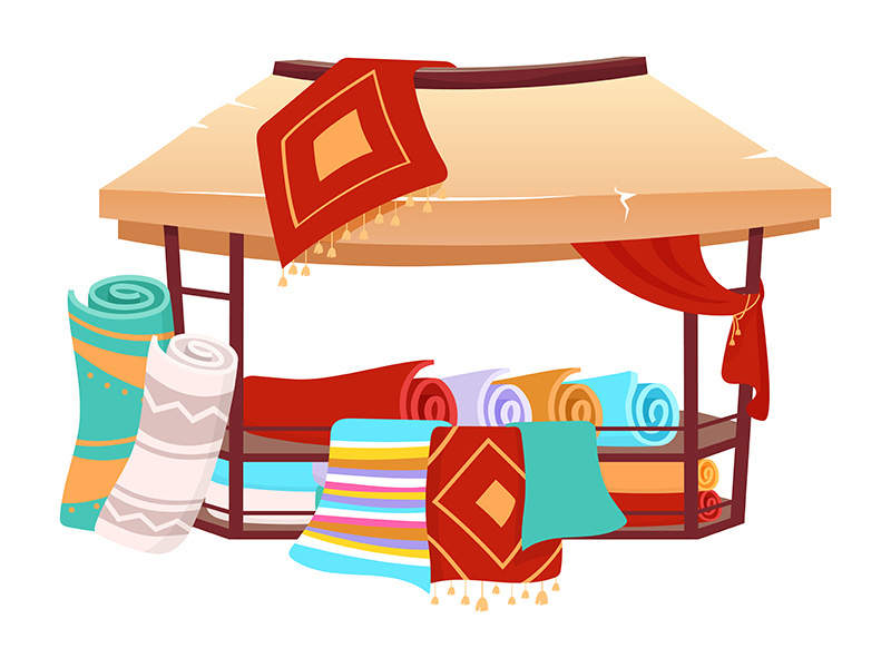 Souk trade tent with handmade turkish carpets cartoon vector illustration