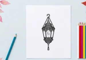 Vintage lantern with ornate metalwork hanging outdoors. Antique decorative light fixture featuring intricate floral engravings and glass panels.