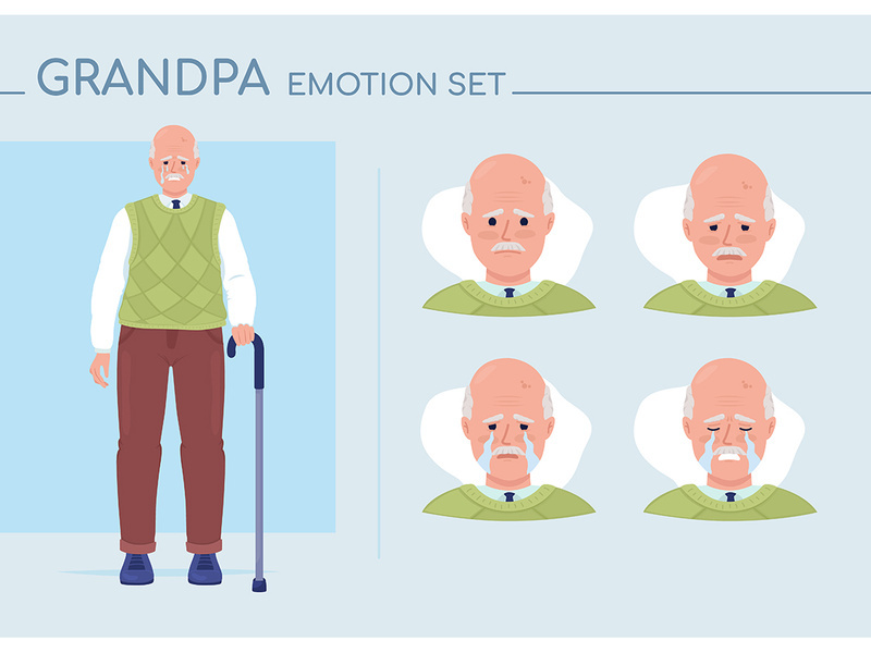 Sad senior man semi flat color character emotions set