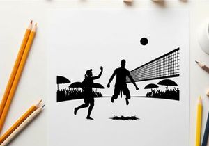 Silhouette of two men playing volleyball outdoors at night