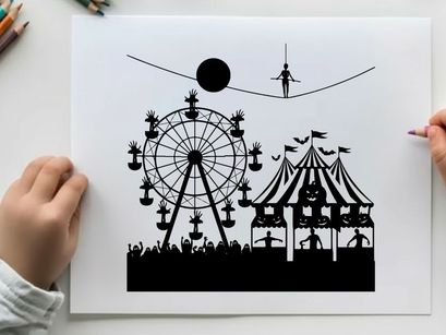 Silhouette of a carnival at night with a ferris wheel and tent silhouette