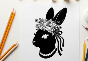 Silhouette of a rabbit wearing a floral headpiece and pearls
