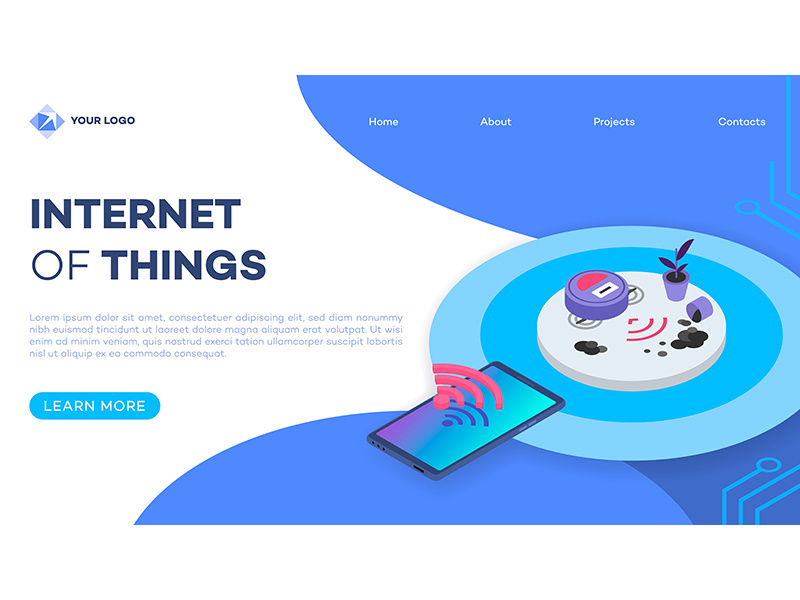 Robotic vacuum cleaner remote control landing page vector template with isometric illustration