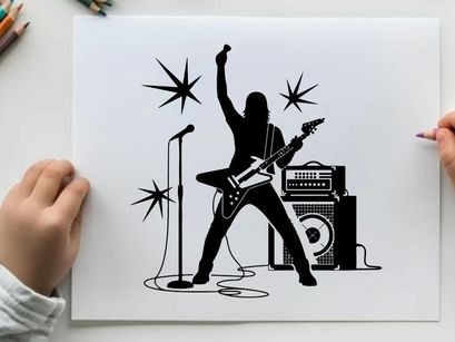 Silhouette of a rock musician playing electric guitar energetically