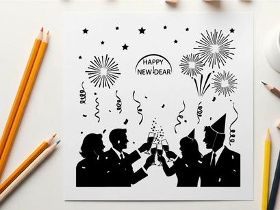 Silhouette of people celebrating happy new year with fireworks and champagne