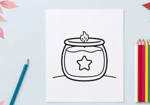 Candle in a jar with star cutout casting warm glow. Spooky Halloween lantern with flickering flame for festive decor.