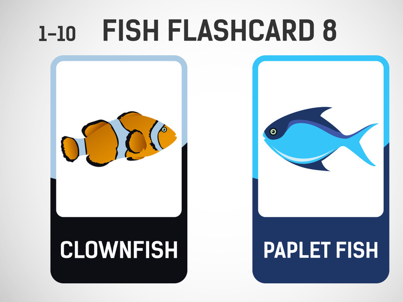 Fish flashcards for kids. Educational cards for preschool. Printable vector illustration