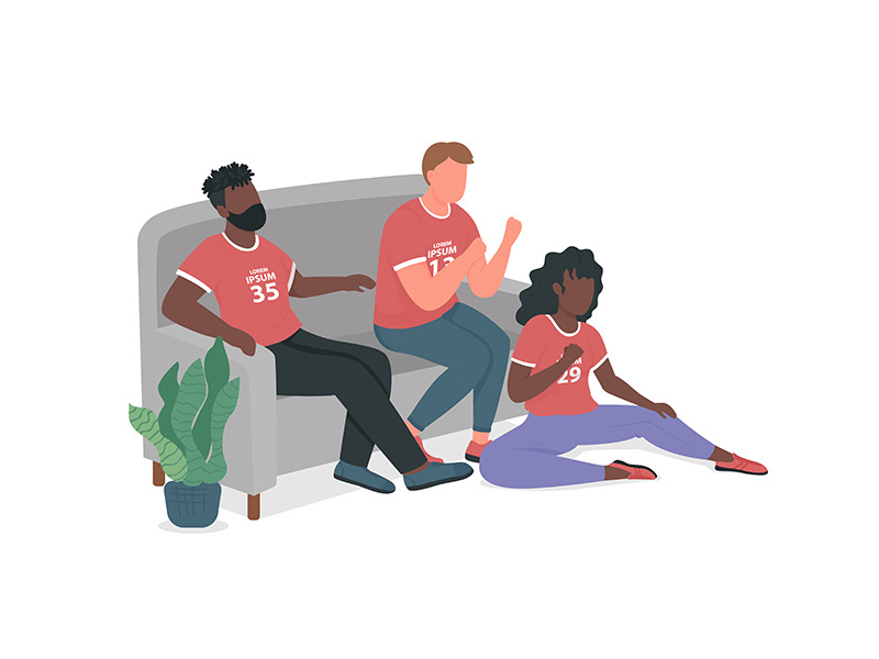 Sport fan friends on couch flat color vector faceless characters