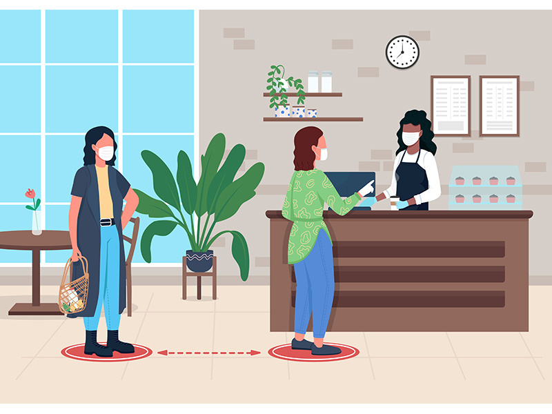 Social distance flat color vector illustration