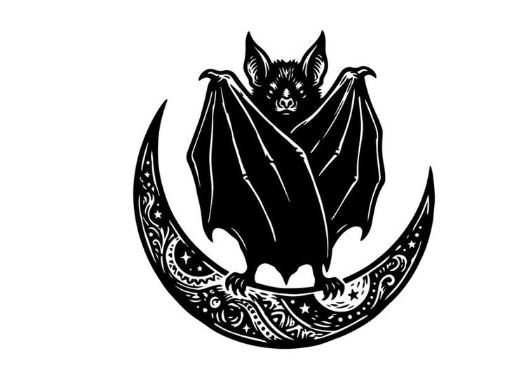 Stilisierter Fledermaus-Sitz auf einer Mondsichel mit ornamentalen Details