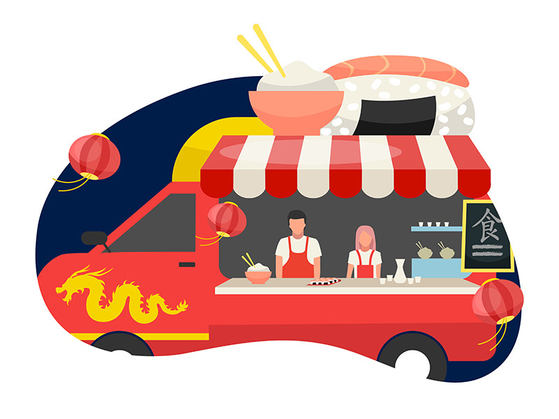 Asian fusion food truck flat vector illustration