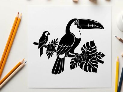 Toucan and small bird silhouette in tropical foliage setting