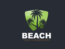 Coconut Tree Logo With Beach Atmosphere, Beach Plant Vector, Sunset View Design